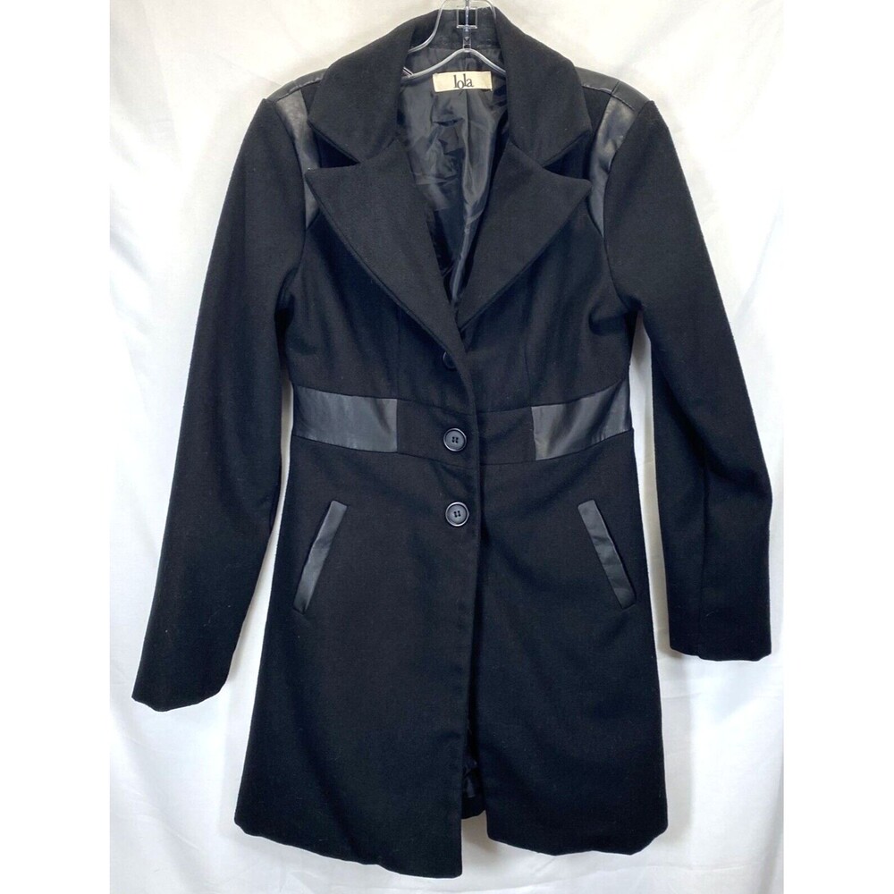 Lola Coat Woman' Medium Collared Pockets Wool Poly Blend Lined Faux Leather Trim